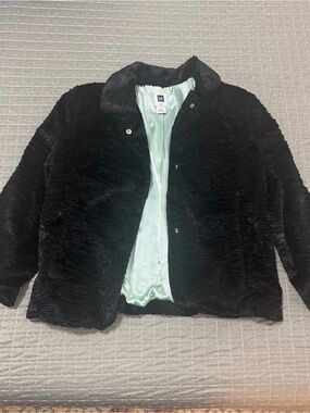 GAP Black Faux Fur Coat with Mint Green Lining